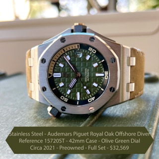 Stainless Steel - Audemars Piguet Royal Oak Offshore Diver Reference 15720ST.OO.A052CA.01 - 42mm Case - Olive Green Dial Circa 2021 - Preowned - Full Set - $32,569  We are pleased to offer this preowned stainless steel Audemars Piguet Royal Oak Offshore Diver with Reference 15720ST.OO.A052CA.01. This timepiece has the 42mm stainless steel case and bezel with a glareproofed sapphire crystal and caseback. The watch will come with the two rubber straps (olive green and black) and an additional leather AP strap, purchased from the AD. As pictured, this watch will be delivered complete with the original Audemars Piguet outer cardboard box, inner display box, instructions for use book, international service manual, warranty card dated in 2021. The watch is preowned and shows signs of wear such as small dings and scratches (it has not been polished). 